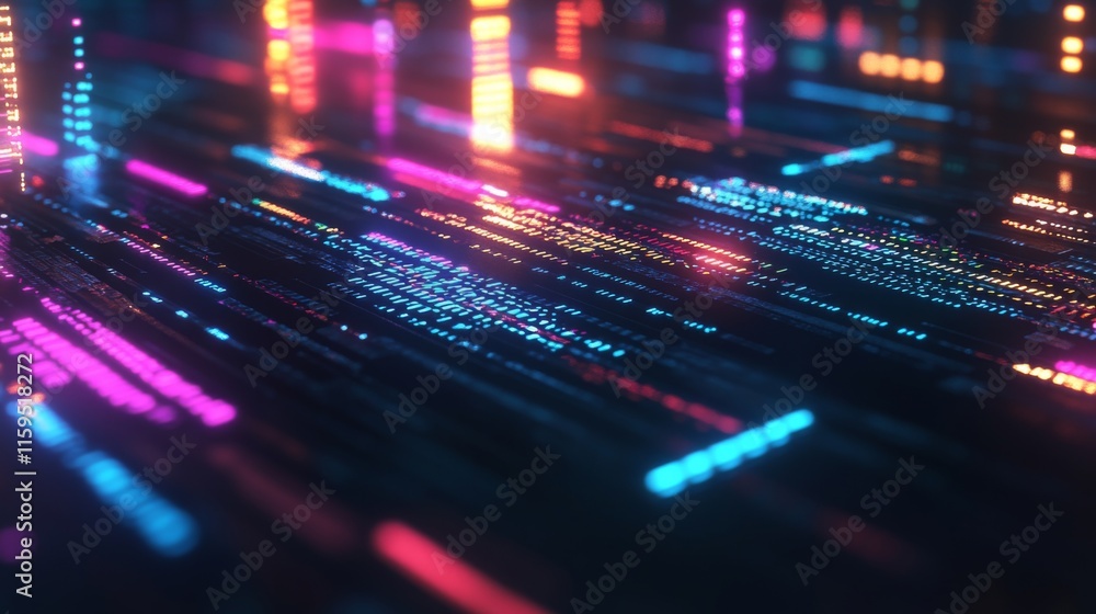 Vibrant Futuristic Data Stream with Colorful Lights and Glowing Textures Reflecting in a Digital Landscape for Technology and Innovation Themes Vibrant Futuristic Data Stream with Colorful Lights and Glowing Textures Reflecting in a Digital Landscape for Technology and Innovation Themes