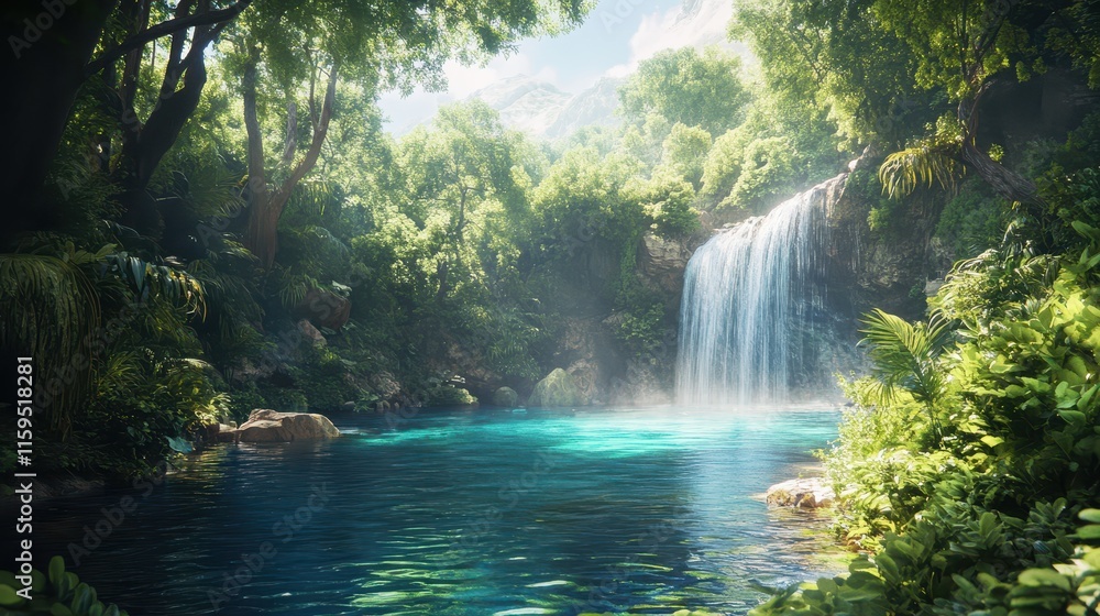 Hidden waterfall surrounded by lush greenery in a tranquil forest Hidden waterfall surrounded by lush greenery in a tranquil forest