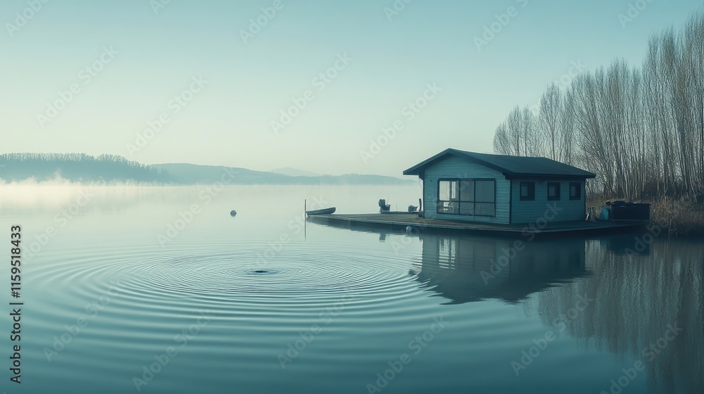 Fototapeta premium Lakeside Cabin Reflecting In Calm Misty Water