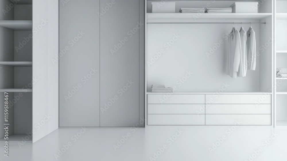 Fototapeta premium Elegant minimalist walk-in closet with minimal decor. Featuring a clean, open design with sleek lines