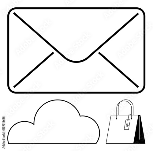 Minimalist black outlined envelope, cloud, and shopping bag with price tag. Ideal for email, e-commerce, cloud storage, communication, online shopping digital services and discounts. Line metaphor