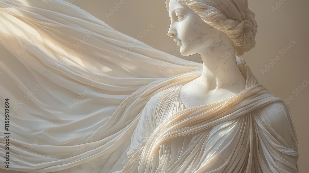 Marble statue of a woman with flowing drapery in soft natural light Marble statue of a woman with flowing drapery in soft natural light