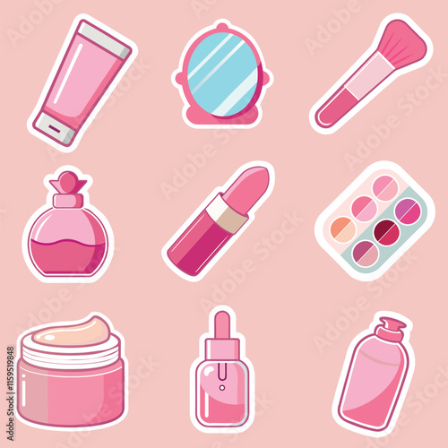 Set of different makeup and cosmetic products including lipstick face serum cream shadow palette