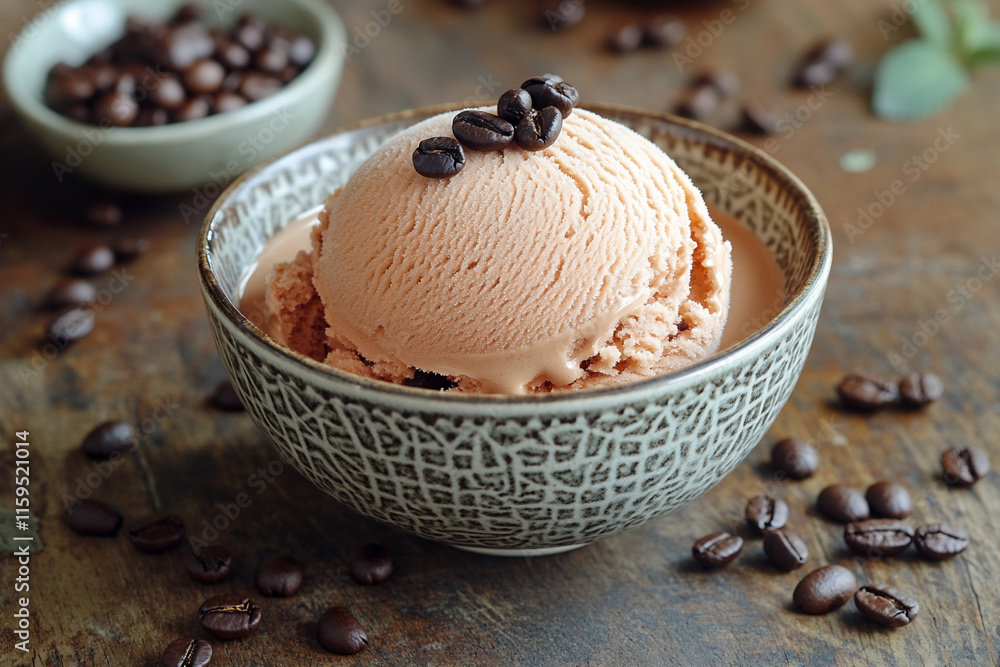 Indulging in the Creamy Delight of Coffee-Flavored Ice Cream Topped With Rich Coffee Beans on a Rustic Wooden Surface Indulging in the Creamy Delight of Coffee-Flavored Ice Cream Topped With Rich Coffee Beans on a Rustic Wooden Surface