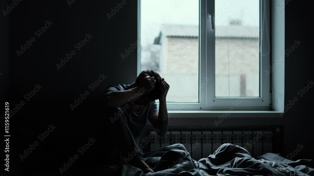 Silhouette of a young man sitting on a bed near a window in deep emotional distress, struggling with depression and needing psychological help. The guy is holding his head feeling the pressure Silhouette of a young man sitting on a bed near a window in deep emotional distress, struggling with depression and needing psychological help. The guy is holding his head feeling the pressure