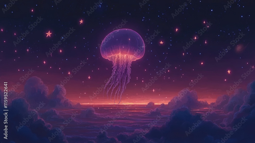 Fototapeta premium Dreamy cosmic jellyfish illuminating a starry night sky