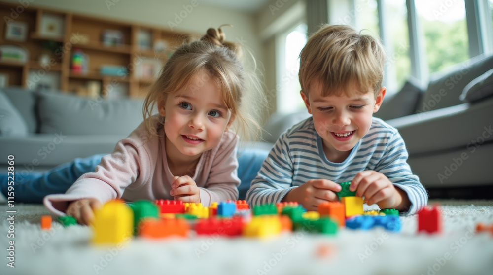 Siblings playing together on carpet, building with colorful construction toys, sharing imaginative childhood moment Siblings playing together on carpet, building with colorful construction toys, sharing imaginative childhood moment