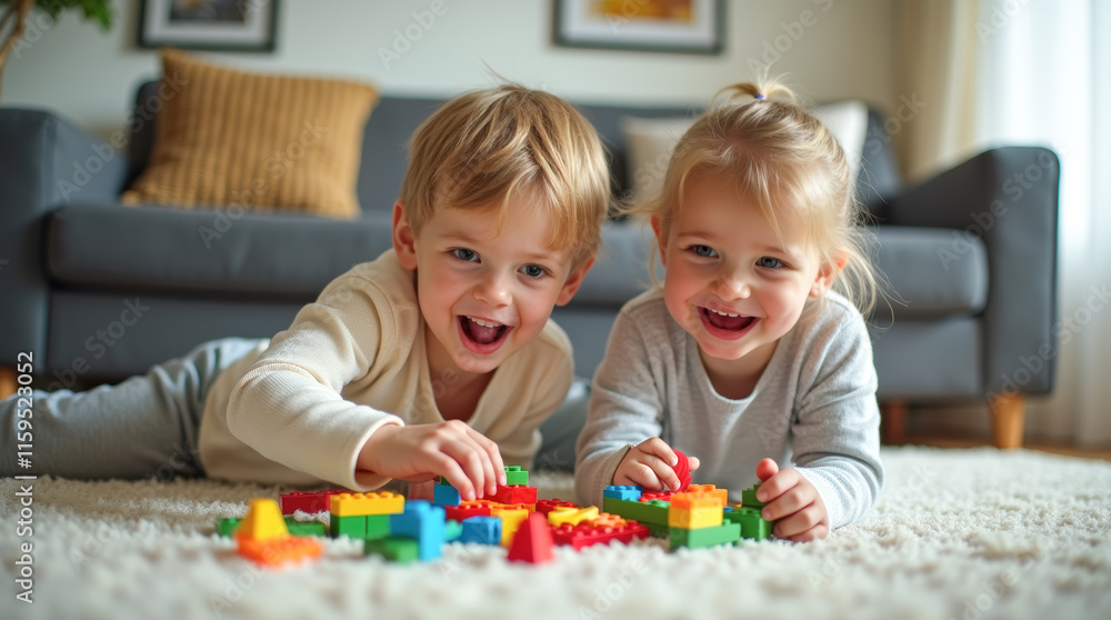 Joyful children building together with bright construction toys, sprawling on living room carpet Joyful children building together with bright construction toys, sprawling on living room carpet