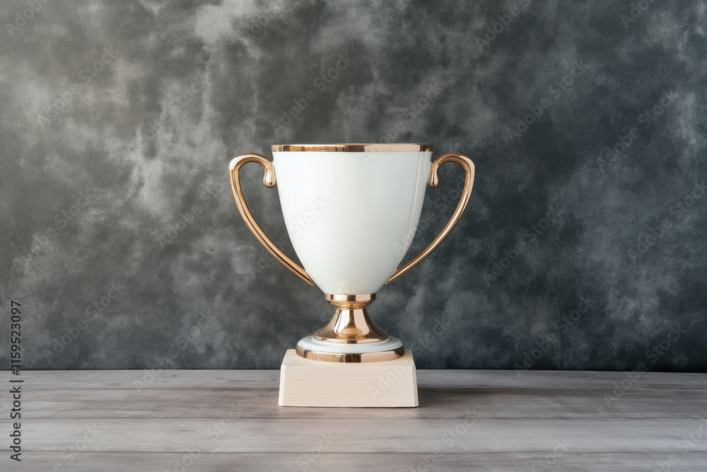 Elegant trophy displayed on a wooden surface against a textured gray background Elegant trophy displayed on a wooden surface against a textured gray background
