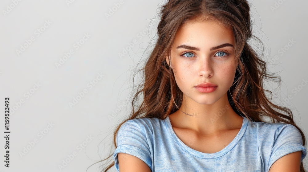 Fototapeta premium Young woman with long hair wearing a casual shirt poses against a light background