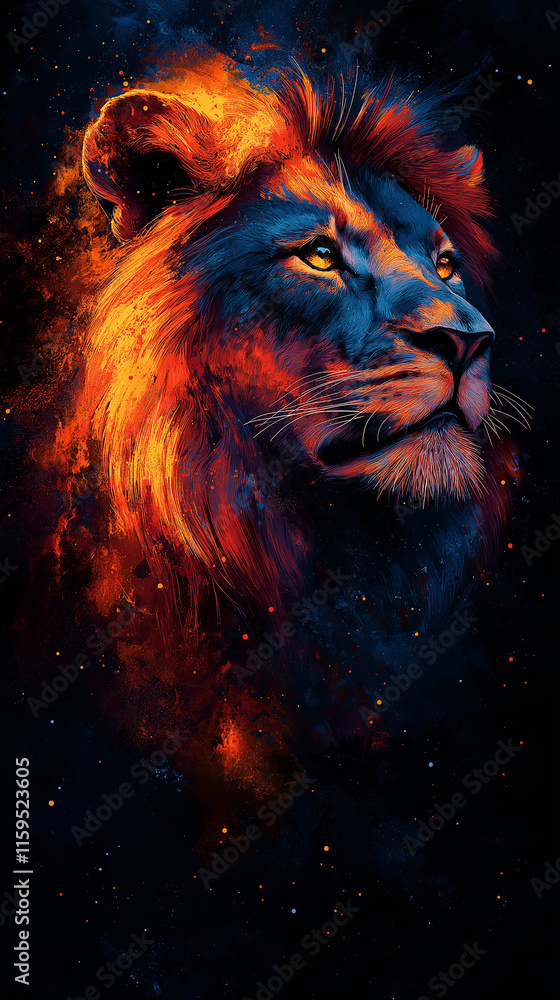 Lion in the art style,fire ,sparks of paint Lion in the art style,fire ,sparks of paint