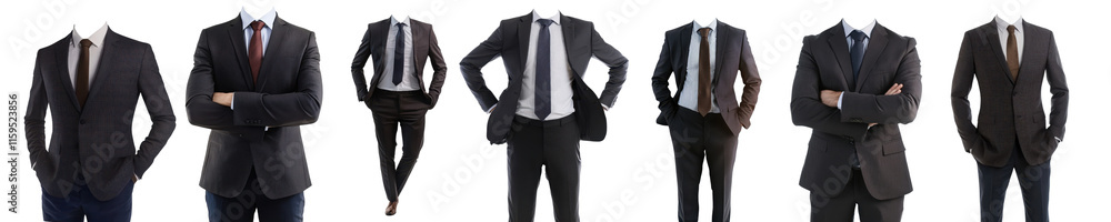 Collection of business suits featuring various formal designs and elegant styles, isolated on a transparent background