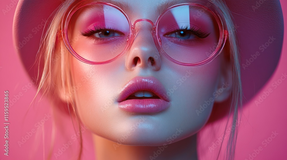 Close-up portrait of a young woman with pink glasses and hat. Close-up portrait of a young woman with pink glasses and hat.