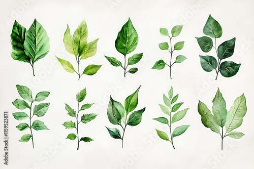 Green Leaf Collection: Artistic Watercolor and Detailed Digital Illustrations Featuring Clovers, Tropical Leaves, Falling Foliage, and Textured Dry Leaves - Perfect for Nature-Themed Designs and Decor