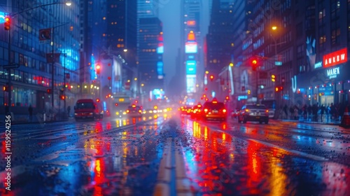 Rainy City Night Urban Street Scene Vivid Lights Reflections