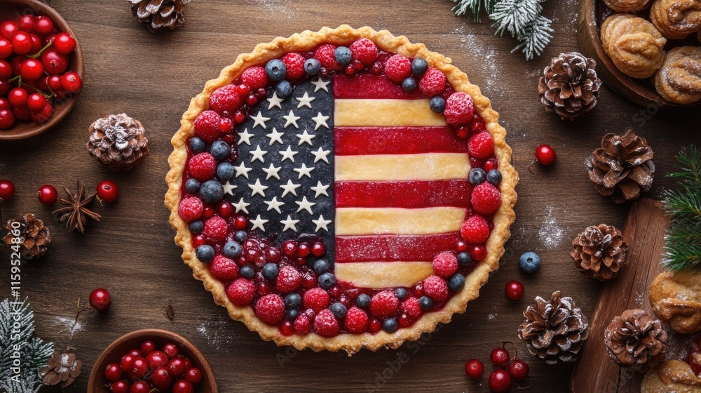 Fototapeta premium American flag pie with berries and pastry stars on wooden table Happy 4th of July, Independence Day USA