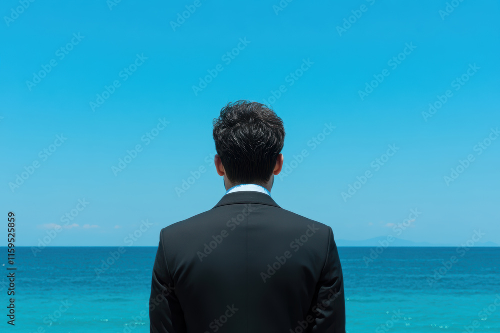 Fototapeta premium 海辺で背を向ける男性が晴れた空と青い海を眺める瞬間