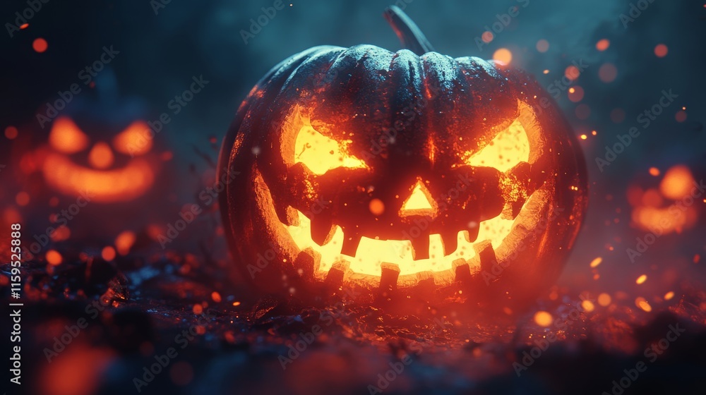 Fototapeta premium Bold glowing jack-o'-lantern faces with spooky accents, Generative AI