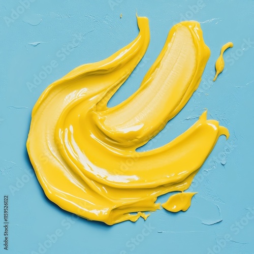 Abstract yellow paint stroke on blue background. photo