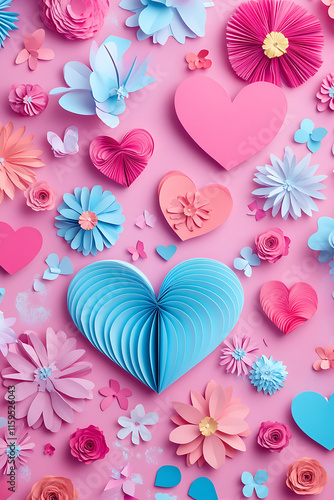 A vibrant arrangement of paper flowers and hearts on a pink background for decoration.