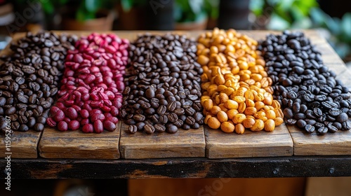 Vibrant Display of Coffee Beans at Different Roast Levels