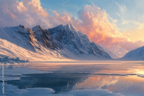 Majestic snow capped mountains reflect in a frozen lake at sunset photo