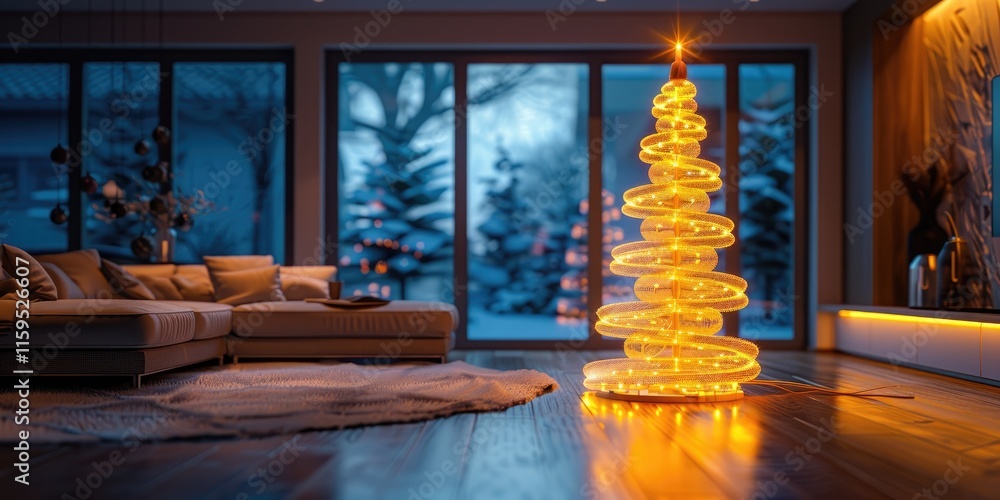 Obraz premium Modern minimalist Christmas tree illuminated in a stylish living room setting