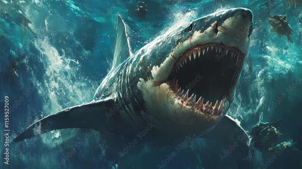 Fototapeta premium Great white shark underwater, open mouth, ocean waves.