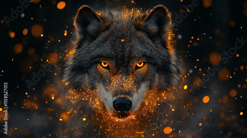 wolf on a black background, in the art style, fire sparks, of paint photo