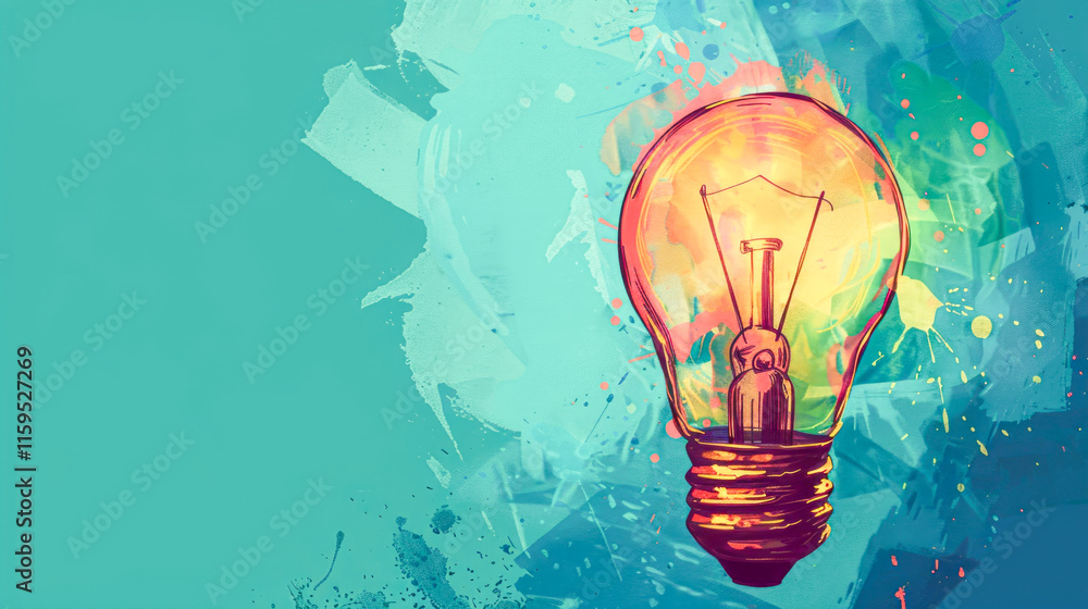 Soft blue background with multicolor paint bursts from a lightbulb, symbolizing innovation.