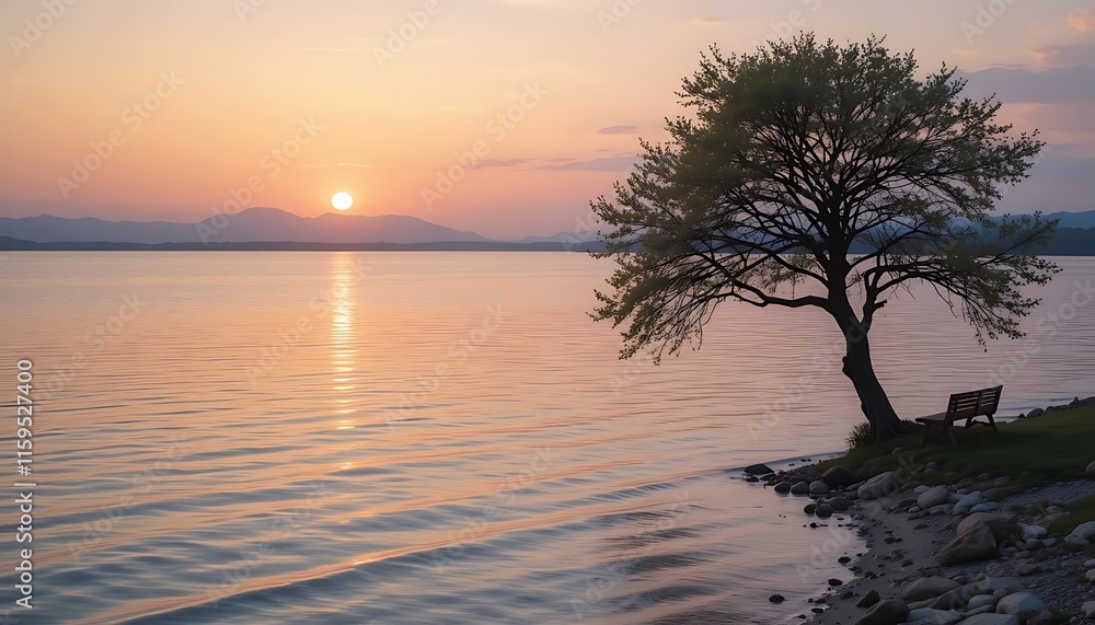 Serene Sunset Over Lake With Solitary Tree And Bench Serene Sunset Over Lake With Solitary Tree And Bench
