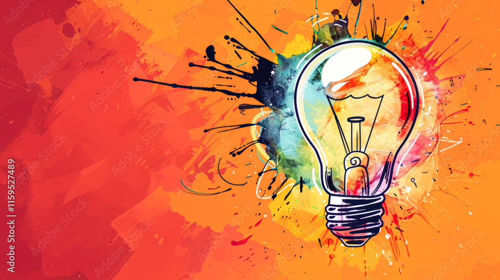 Exploding multicolor paint from a lightbulb on an orange abstract background, creative idea.