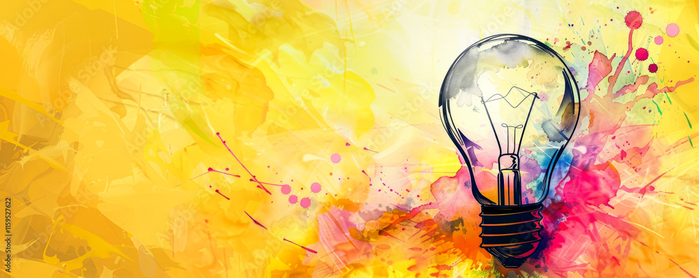 Abstract yellow backdrop with a lightbulb and multicolor paint, representing creative explosion.