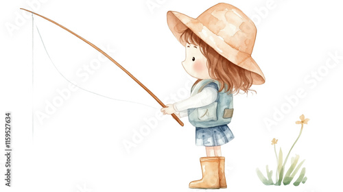 simple watercolor illustration of a cute little A brown-haired girl wearing a bucket hat, a life jacket, shorts, and rain boots is standing and fishing.