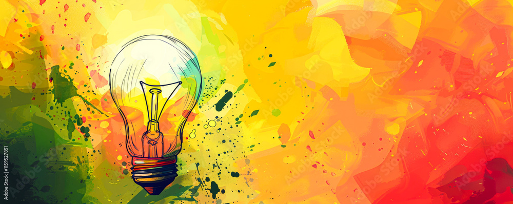 Bold yellow background with colorful paint bursts from a lightbulb, symbolizing creative thinking.