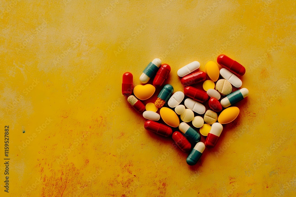 Colorful heart shape created with various pills and capsules on a bright yellow background Colorful heart shape created with various pills and capsules on a bright yellow background