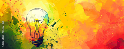 Obraz na płótnie Bold yellow background with colorful paint bursts from a lightbulb, symbolizing creative thinking. w salonie