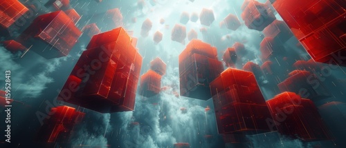 Abstract Red Cubes Falling Through Clouds Digital Art 8K Technology Background