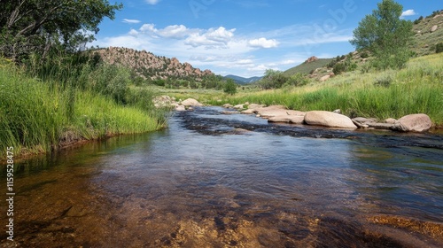 Fresh Mountain Stream with Clear Water and Lush Grass