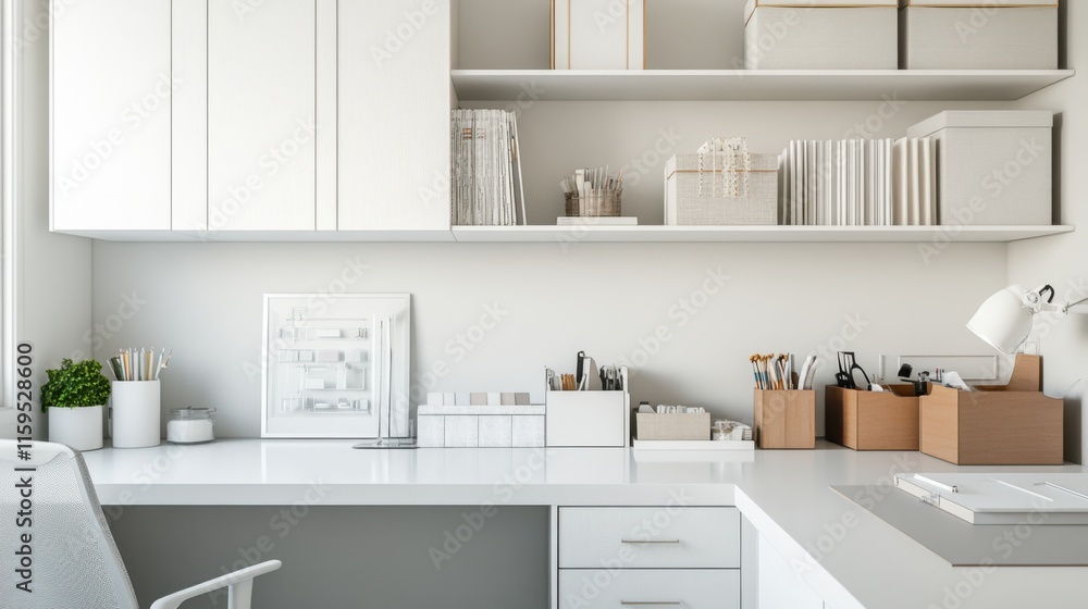 Modern minimalist craft room with minimal decor. Featuring a clean, open design with contemporary lines Modern minimalist craft room with minimal decor. Featuring a clean, open design with contemporary lines