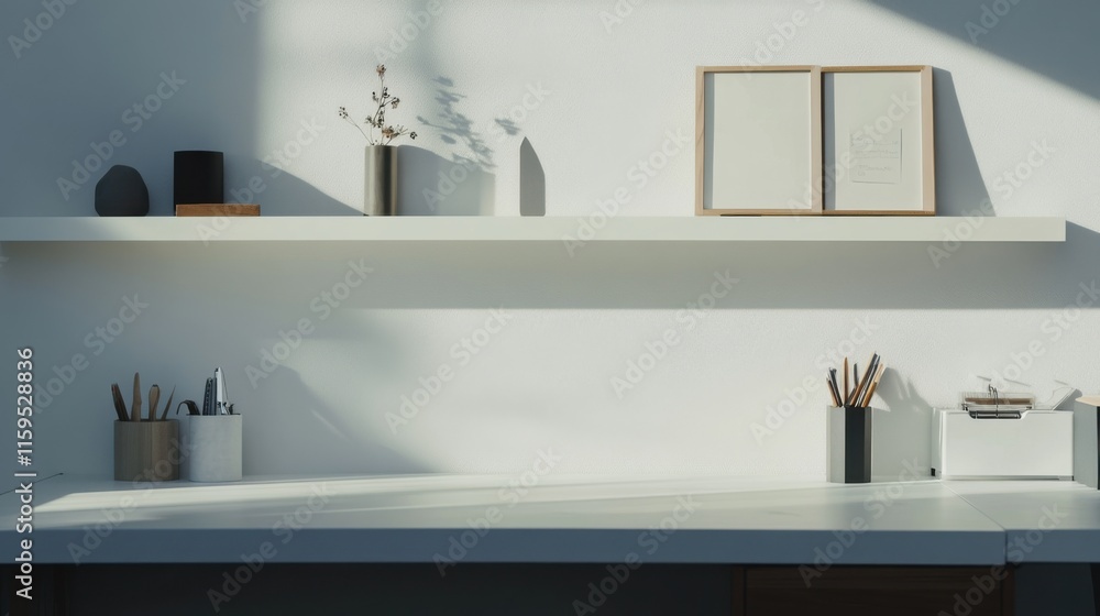 Modern minimalist craft room with minimal decor. Featuring clean lines and an organized design Modern minimalist craft room with minimal decor. Featuring clean lines and an organized design