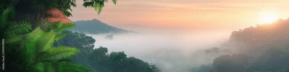 A misty forest with a sun rising in the background. The sky is a mix of orange and pink hues A misty forest with a sun rising in the background. The sky is a mix of orange and pink hues