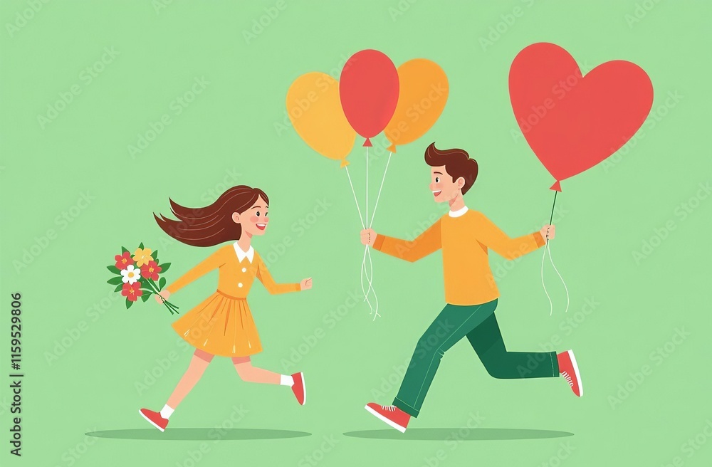 First love of running girl with bouquet of flowers and boy with inflatable heart-shaped balloon on solid light green background. Valentine's Day holiday concept in watercolor style First love of running girl with bouquet of flowers and boy with inflatable heart-shaped balloon on solid light green background. Valentine's Day holiday concept in watercolor style