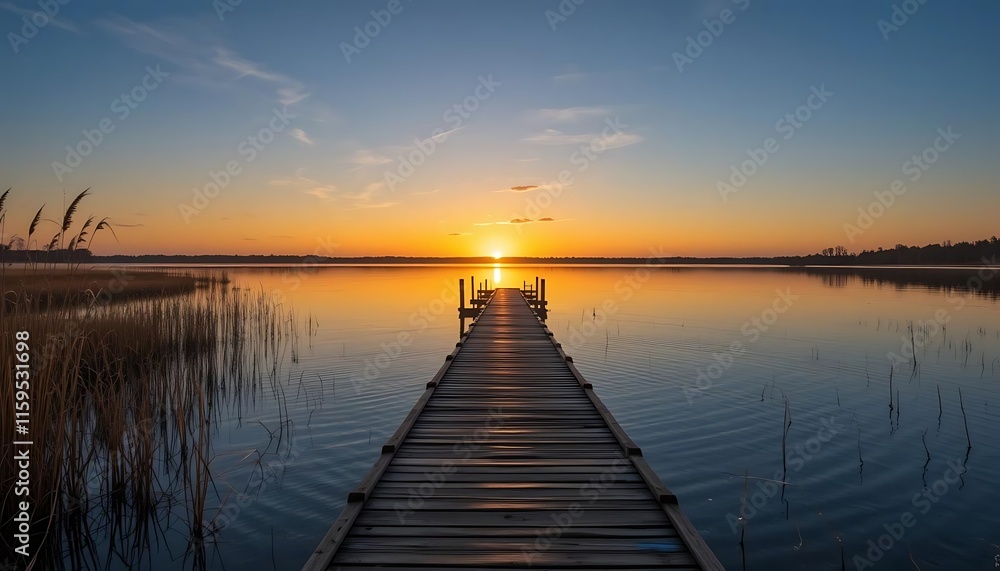 Wooden Dock Extending Into Sunset Lake Scene Wooden Dock Extending Into Sunset Lake Scene