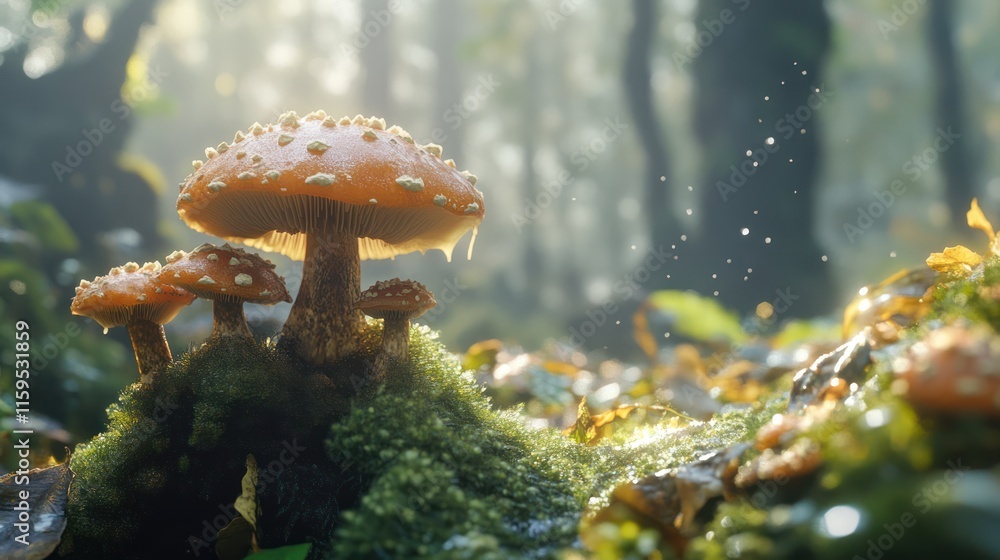 Fototapeta premium Magical forest mushrooms with sunlight.