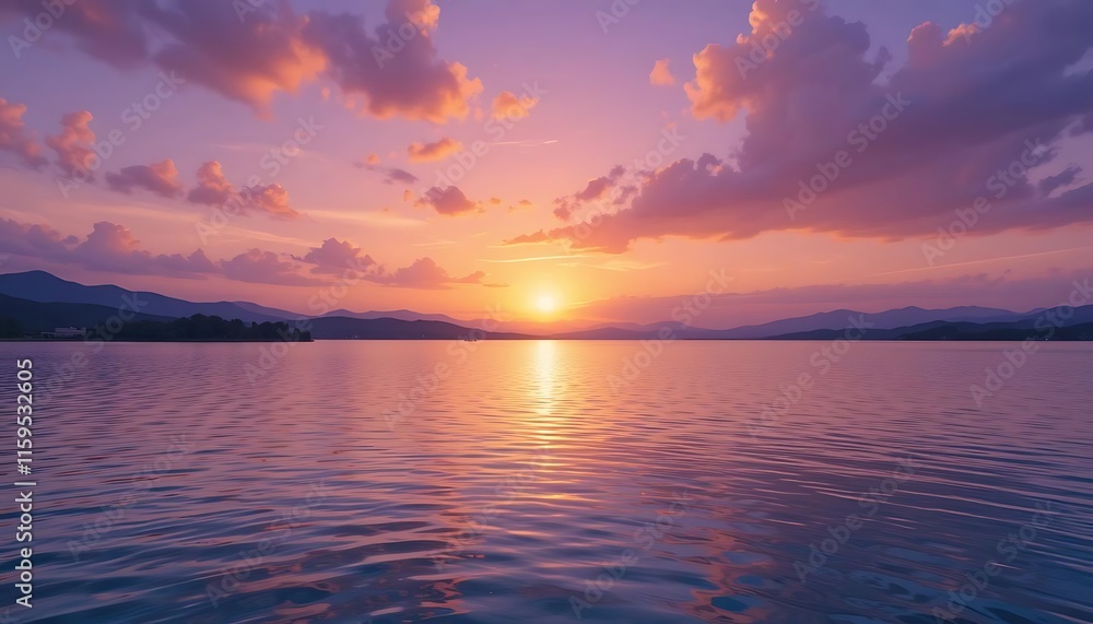 Serene Sunset Over Calm Lake And Mountains Serene Sunset Over Calm Lake And Mountains