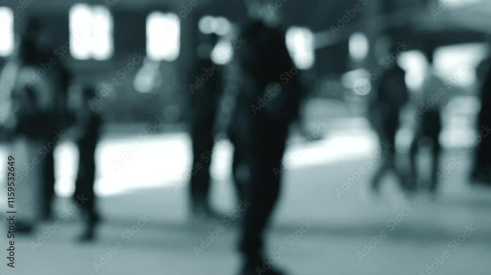 Blurred background. Many people walking inside a large room with windows during the day. Black silhouettes people. Blue white black color Blurred background. Many people walking inside a large room with windows during the day. Black silhouettes people. Blue white black color