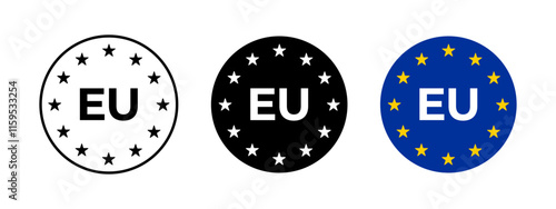 EU label. EU icon. European Union import symbol. EU quality vector illustration. European product emblem. Cardboard box Europe sticker with stars rounded concept.