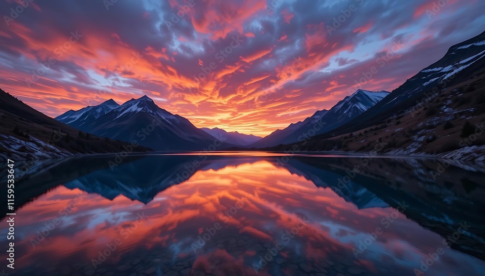 Obraz premium Fiery Sunset Reflecting On Calm Mountain Lake