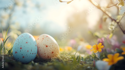 Vibrant easter eggs nestled in lush grass, encircled by blooming spring flowers, creating a festive garden scene